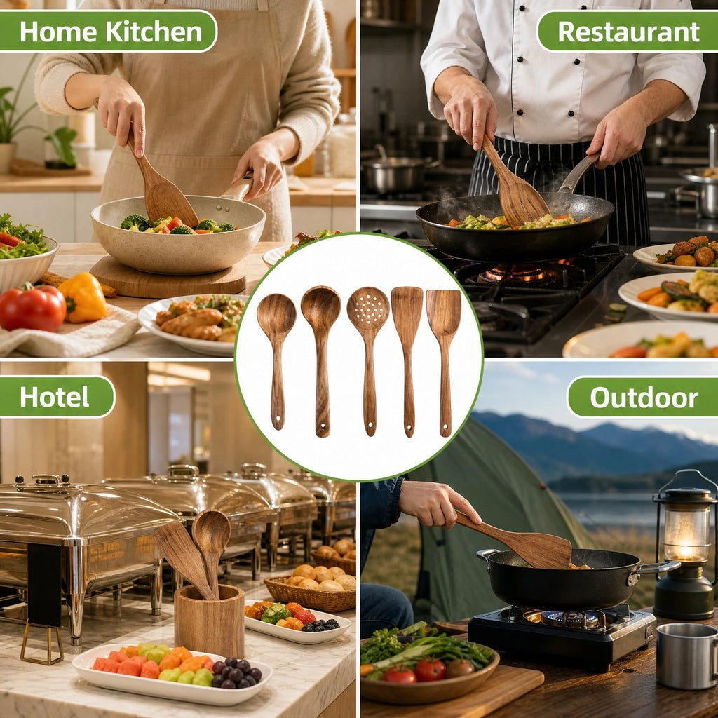 5Pcs Wooden Utensil Set with Hanging Holes, Food Grade Spoons and Spatula 24-33.7Cm, Non-Toxic Smooth Kitchen Tools for Cooking