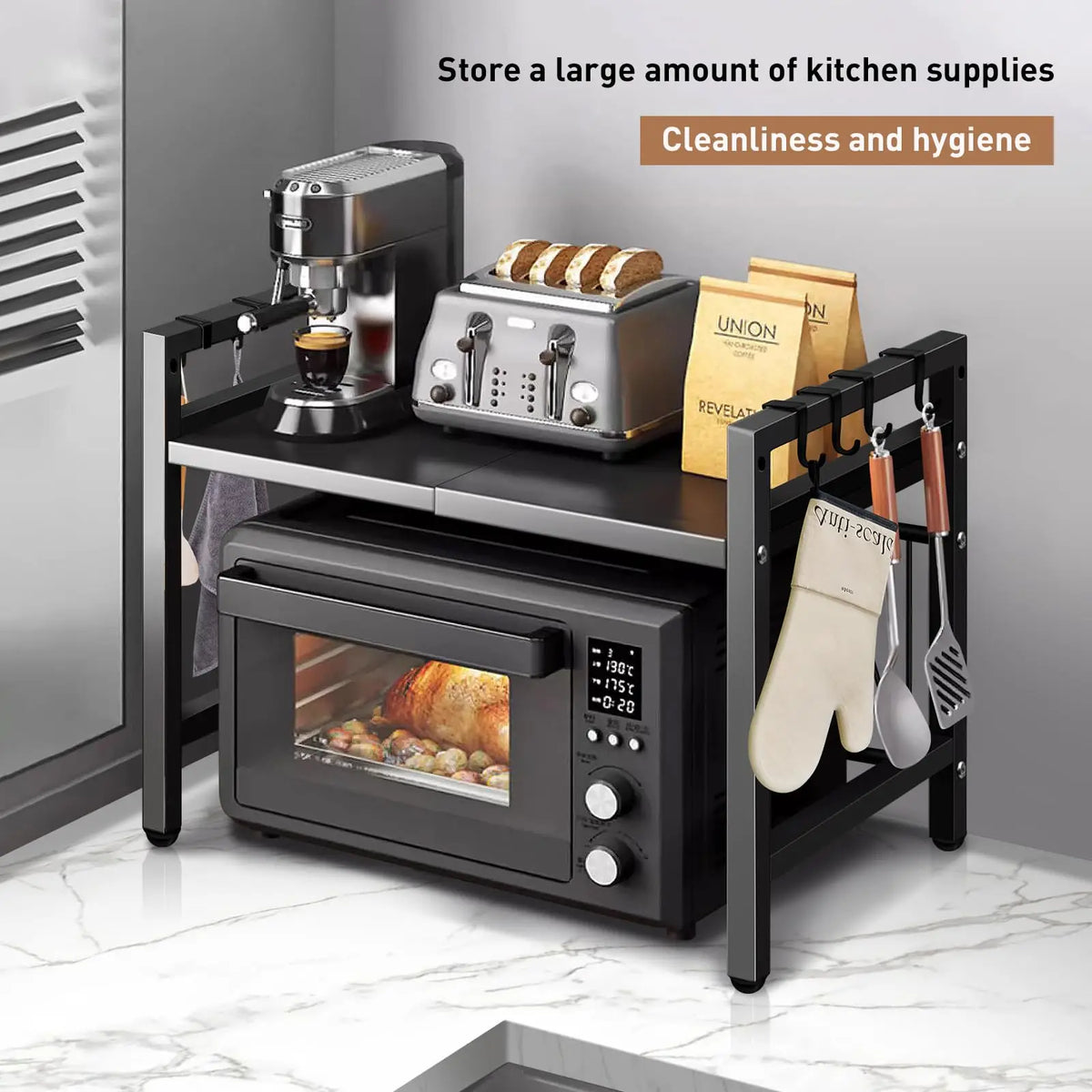 1Pc Expandable 42-64Cm Microwave Shelf Organizer, Moisture and Rust Proof Microwave Countertop Organizer,Tableware Storage