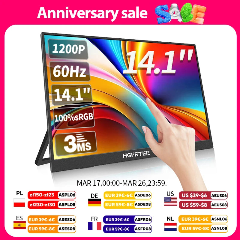 14.1Inch Portable Monitor Touch Screen 400Cd/M² Laptop Second Screen Dispaly Hdmi-Compatible for Switch PS4/5