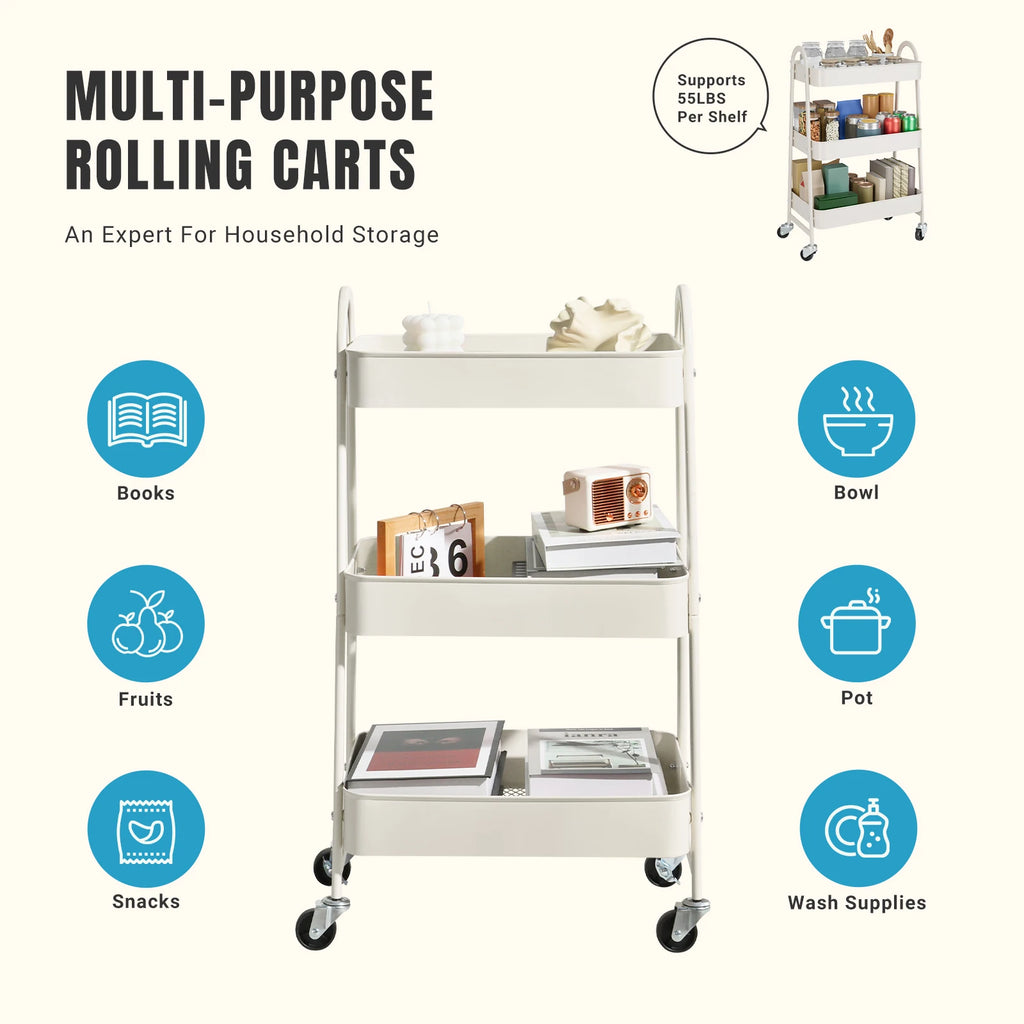3 Tier Metal Storage Kitchen Cart with Lockable Wheels Mobile Shelving Unit Utility Rolling Organizer for Home Narrow Places