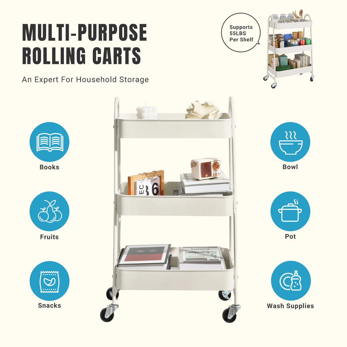 3 Tier Metal Storage Kitchen Cart with Lockable Wheels Mobile Shelving Unit Utility Rolling Organizer for Home Narrow Places