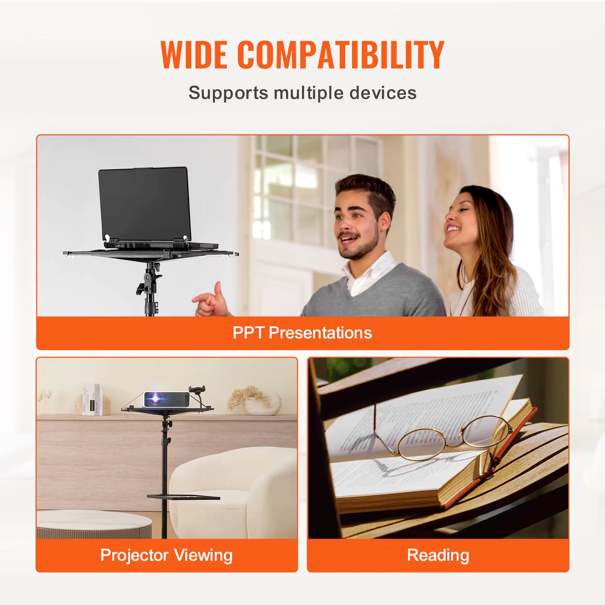 Portable Projector Tripod Stand Adjustable Height W/ Tray & Gooseneck Phone Holder for Outdoor Movies Home Office Stage