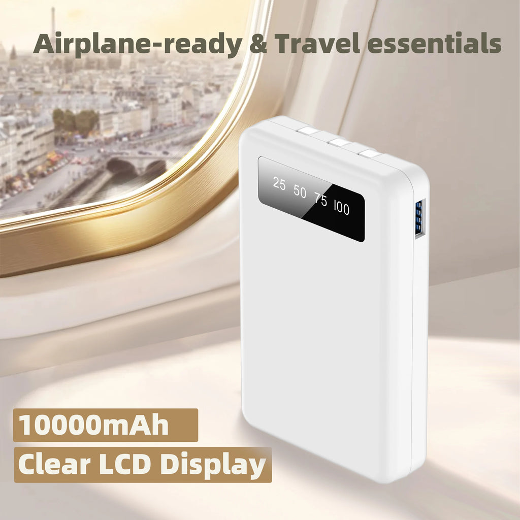 Mini Slim 10000Mah Portable Power Bank, Built-In LED Digital Display, 1 USB-A Port & 3 Integrated Cables, Small Lightweight Design, Multi-Device Simultaneous Charging for Travel, Camping and Emergency, Compatible with Android Phones and Tablets