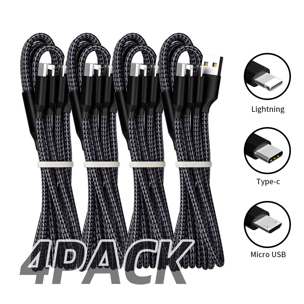 4Pcs Charge Cable 3-In-1 Nylon Braided Multi Charge Cable for Multiple Devices USB Fast Charging with Type-C Micro USB IP Port