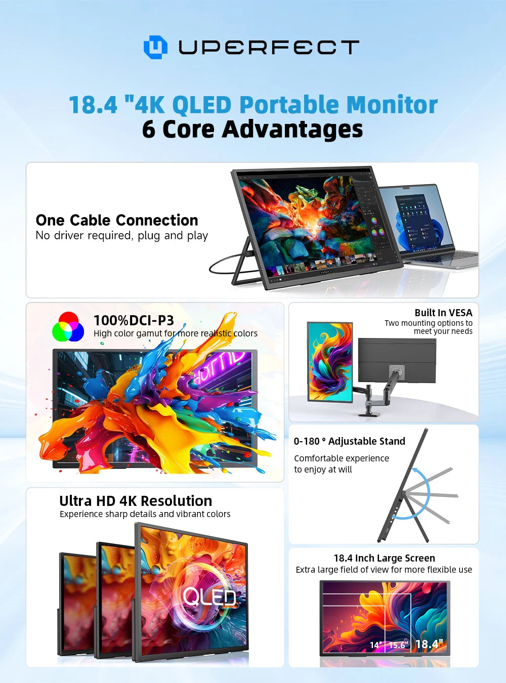 18.4 Inch 4K QLED Portable Monitor Gaming Computer Display Ultra-Slim Extend Screen for PS5/4 Switch Laptop PC Mac Xbox