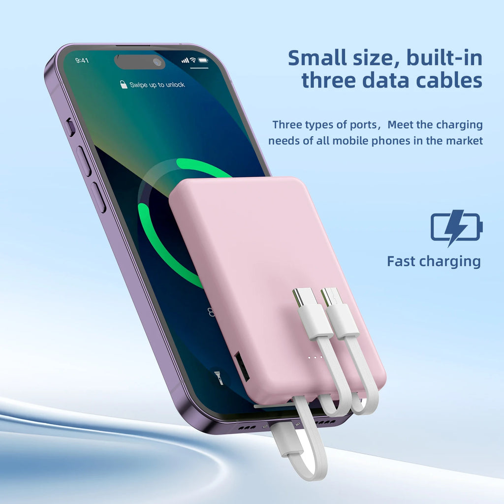 Mini 5000Mah Portable Power Bank with Built-In LED Digital Display, 1 USB-A Port and 3 Integrated Charging Cords, Ultra Compact External Battery Pack, Support Multiple Devices Simultaneous Charging Compatible with Android Smartphones Tablets Travel Emerg