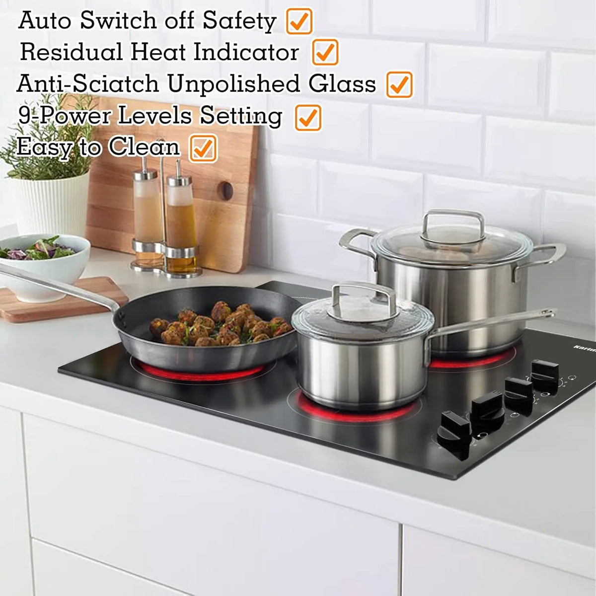4 Burners Electric Cooktop, 24 Inch Built-In, 220-240V, 6000W, Knob Control, Residual Heat Indicator,Hard Wire(No Plug)