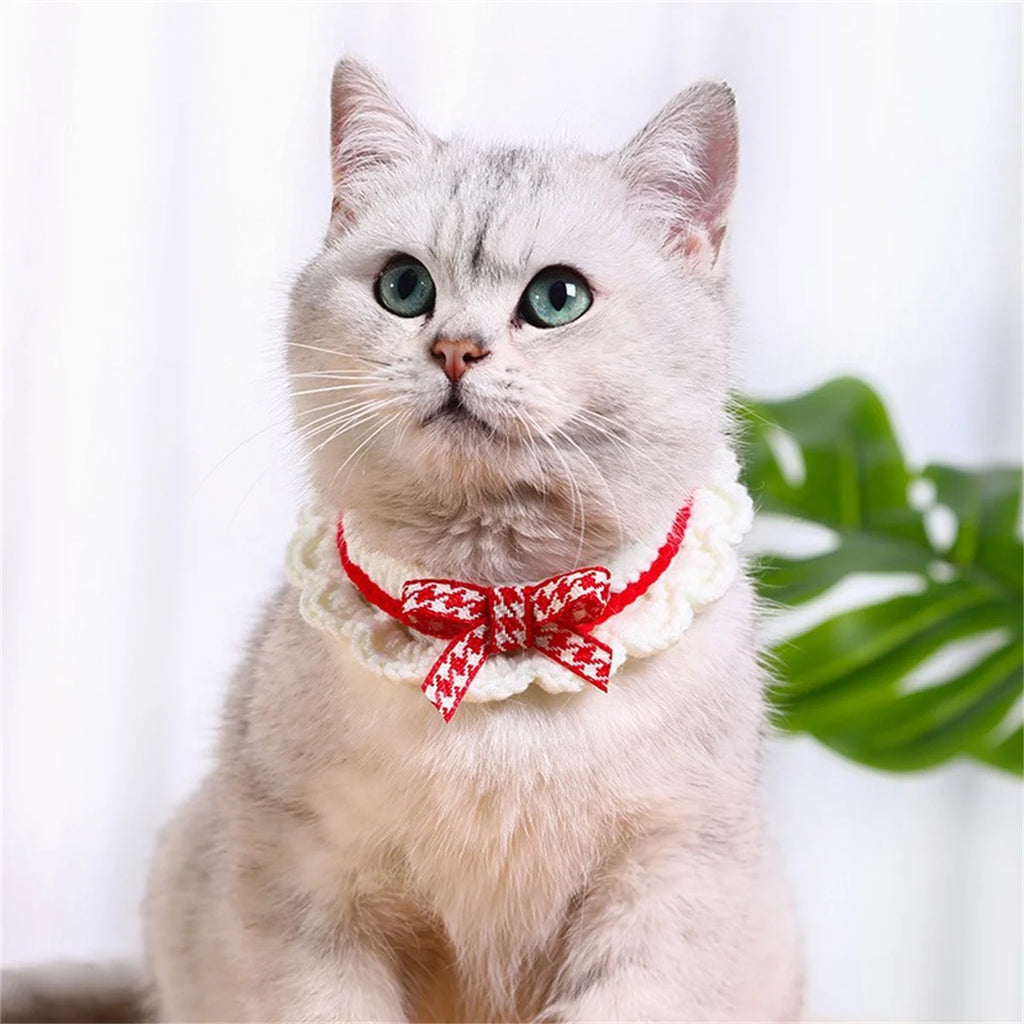 Cute Bow-Knot Hand-Knitted Saliva Towel Kitten Cat Puppy Adjustable Collar Pet Decorative Dog Cat Collar Pet Dog Accessories