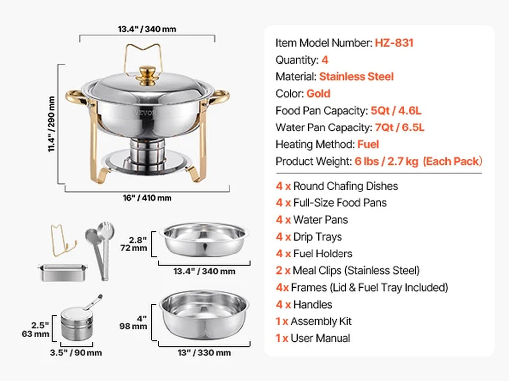 4 Pack Chafing Dish Buffet Set Stainless Steel Chafer W/4 Full Size Pan round Catering Warmer Server for Party Banquets