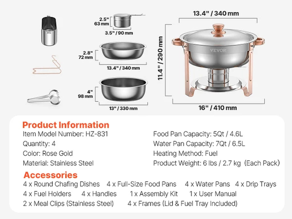 4 Pack Chafing Dish Buffet Set Stainless Steel Chafer W/4 Full Size Pan round Catering Warmer Server for Party Banquets