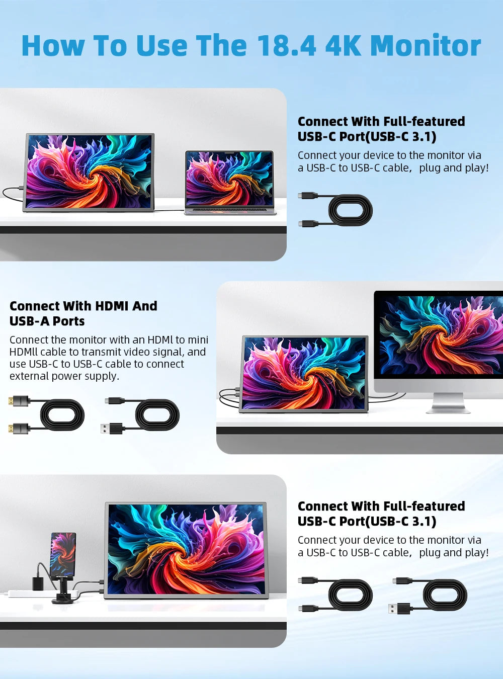 18.4 Inch 4K QLED Portable Monitor Gaming Computer Display Ultra-Slim Extend Screen for PS5/4 Switch Laptop PC Mac Xbox