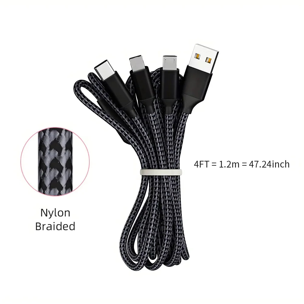 4Pcs Charge Cable 3-In-1 Nylon Braided Multi Charge Cable for Multiple Devices USB Fast Charging with Type-C Micro USB IP Port