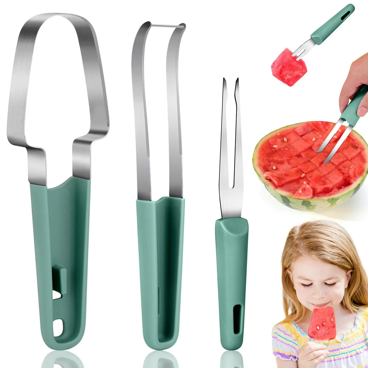 3-In-1 Watermelon Fork Slicer Cutter, 2024 Stainless Steel Fruit Watermelon Cutting Tool Fork Slicer Knife Set for Home Kitchen