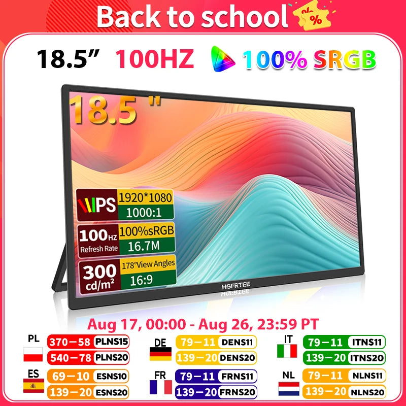 18.5Inch 100Hz Portable Monitor with VESA Hole Stand PC Gaming Extended Display ADS-IPS Large Screen Support Type-C HDMI