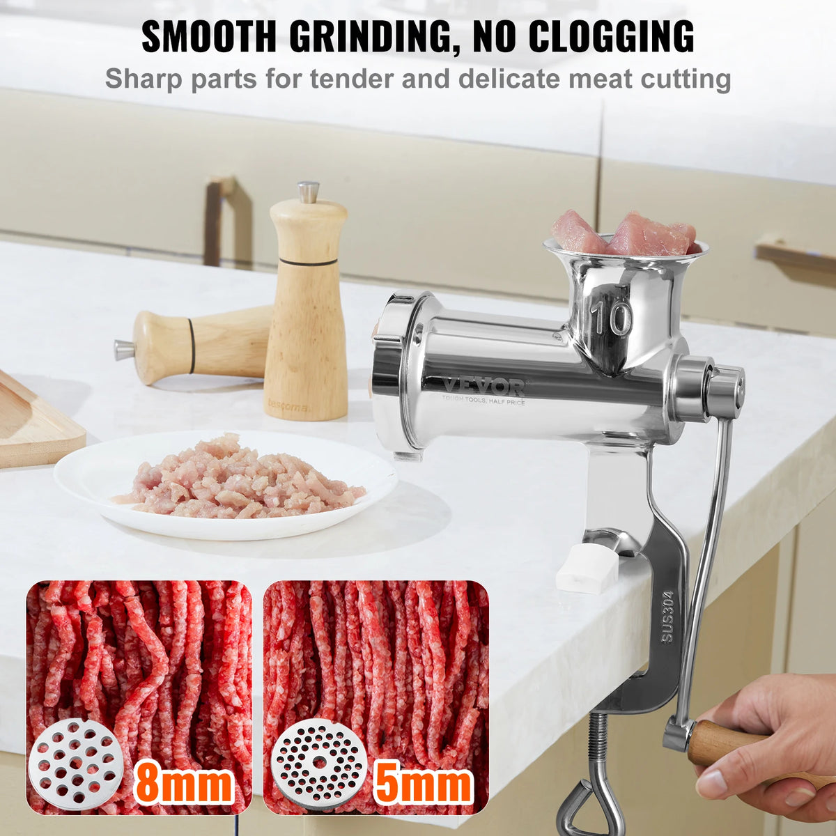 Manual Meat Grinder 304 Stainless Steel Hand Meat Grinder with Steel Table Clamp Meat Mincer Sausage Maker