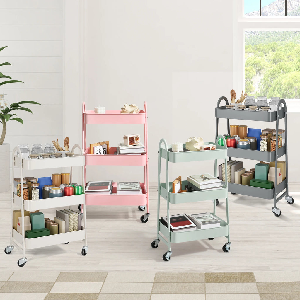 3 Tier Metal Storage Kitchen Cart with Lockable Wheels Mobile Shelving Unit Utility Rolling Organizer for Home Narrow Places