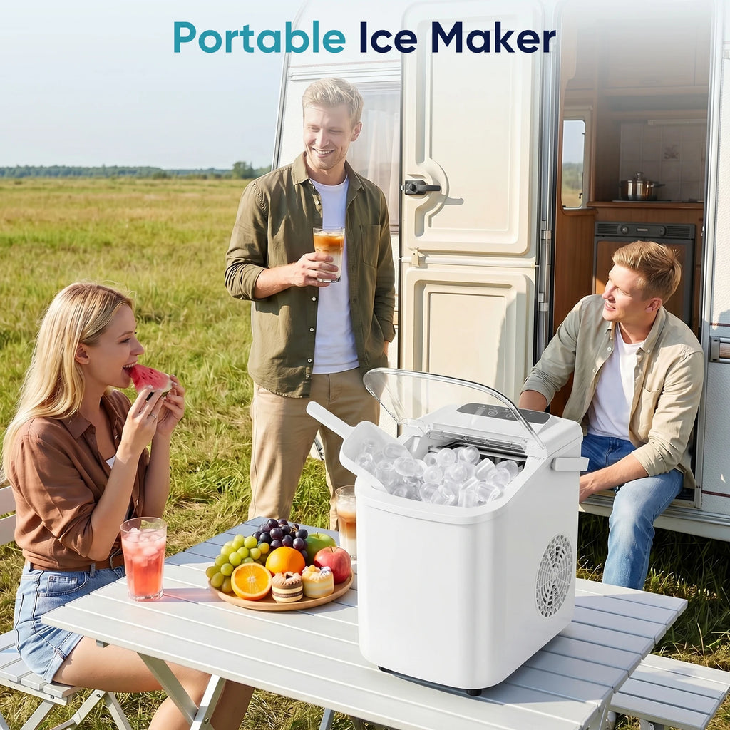 JHK Small Portable Ice Machine Countertop Ice Maker with Scoop Basket and Handle 9 Ice Cubes Ready in 6 Mins 26.5Lbs in 24Hrs for Home Kitchen Party