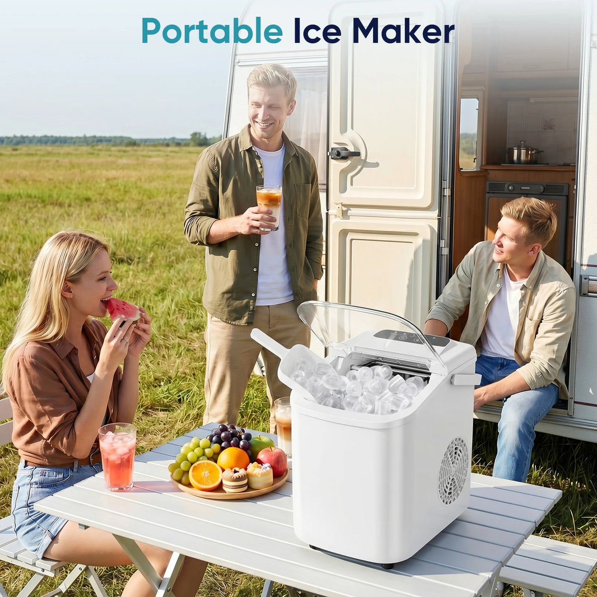 JHK Small Portable Ice Machine Countertop Ice Maker with Scoop Basket and Handle 9 Ice Cubes Ready in 6 Mins 26.5Lbs in 24Hrs for Home Kitchen Party