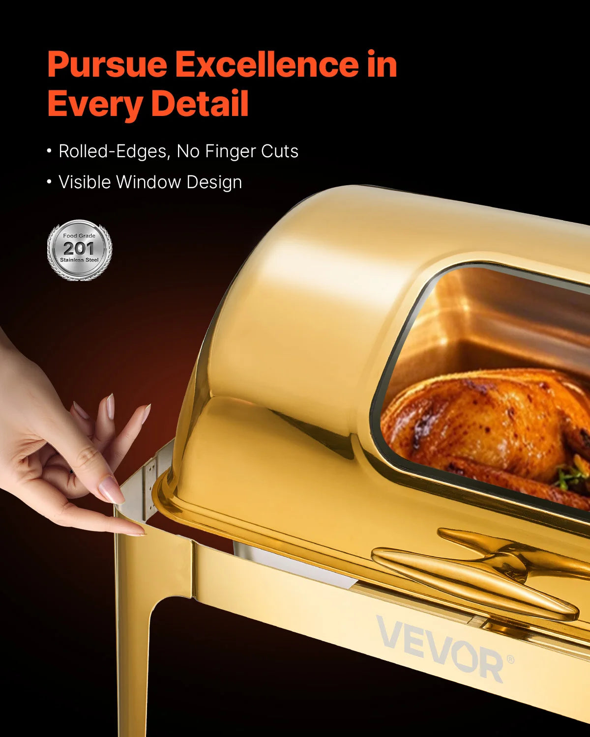 9Qt Roll Top Chafing Dish Buffet Stainless Steel Chafer with Full Size Pan Visible Lid Rectangle Catering Warmer Server