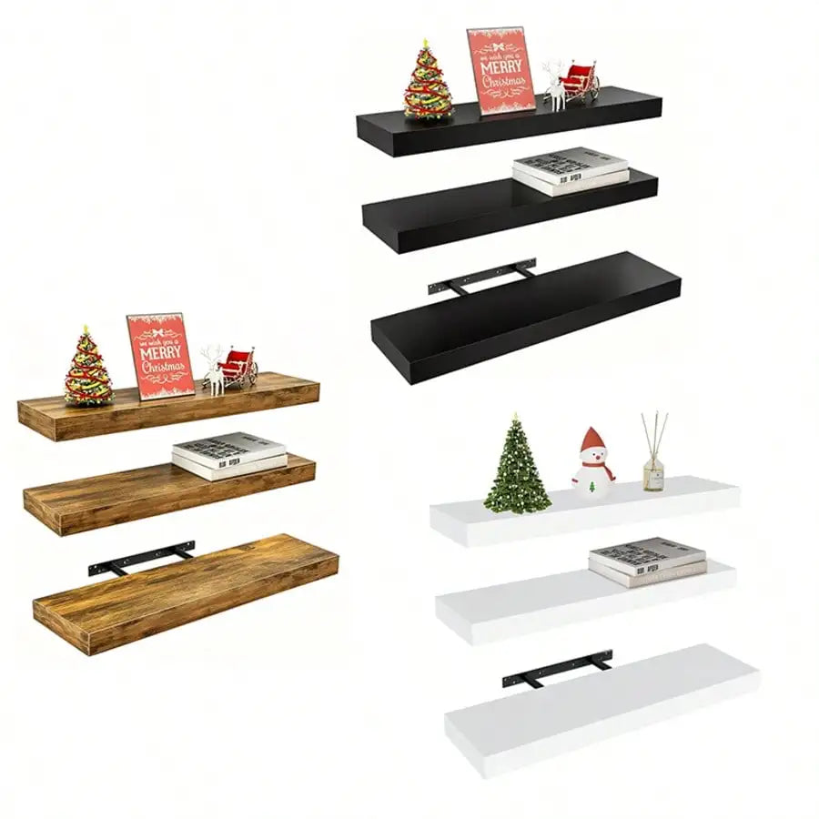 Floating Shelving Unit for Home Goods; Wall Shelves for Bathroom, Living Room, Bedroom, and Kitchen Decor; White Bookshelf with Hidden Brackets; Set of 3