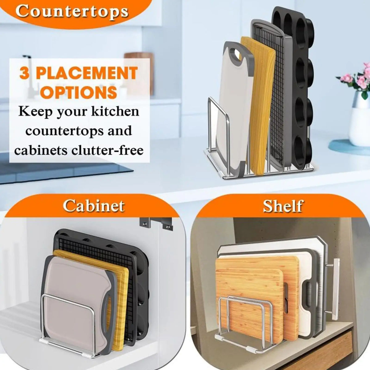 Stainless Steel Cutting Board Stand Rustproof Countertop Organizer Multi-Slot Chopping Board Rack for Kitchen Home