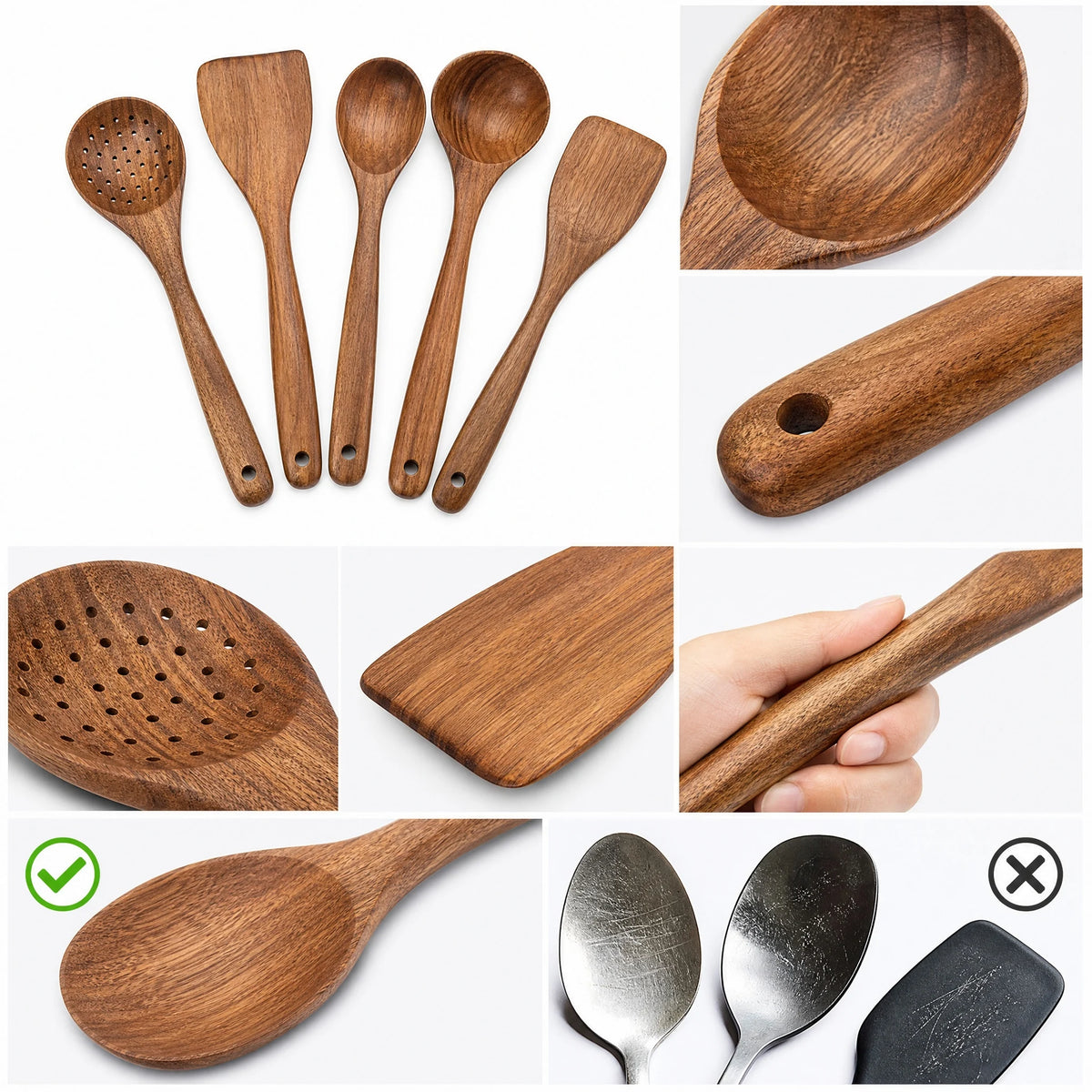 5Pcs Wooden Utensil Set with Hanging Holes, Food Grade Spoons and Spatula 24-33.7Cm, Non-Toxic Smooth Kitchen Tools for Cooking