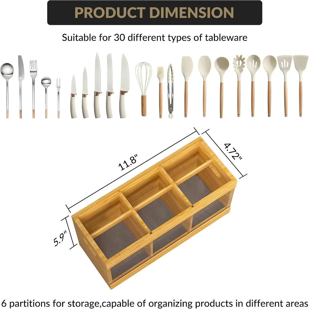 Bamboo Utensil Storage Organizer with Diatomaceous Earth Drying Mat 12-Inch Kitchen Kitchen Cutlery Holder with 6 Compartments, Natural Wood Silverware Caddy for Home & Party