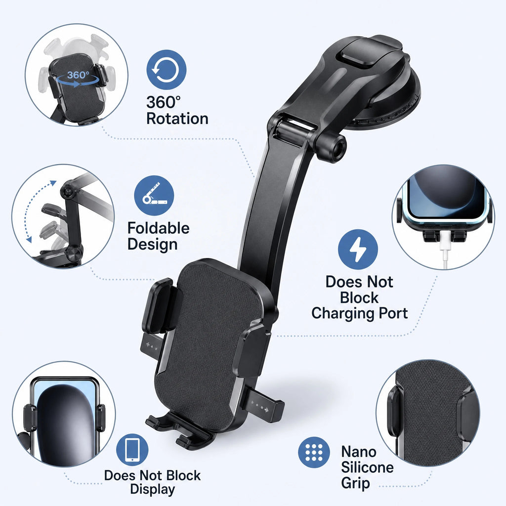 Car Phone Holder 360 Degree Rotation Dashboard Windshield Mount Universal Phone Stand Folding Car Bracket No Blocking Display Charging Port GPS Navigation