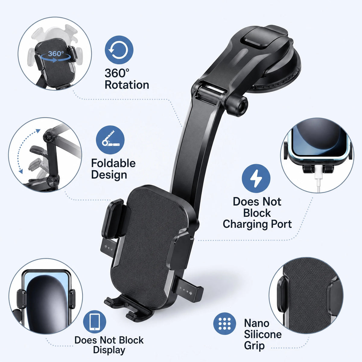 Car Phone Holder 360 Degree Rotation Dashboard Windshield Mount Universal Phone Stand Folding Car Bracket No Blocking Display Charging Port GPS Navigation