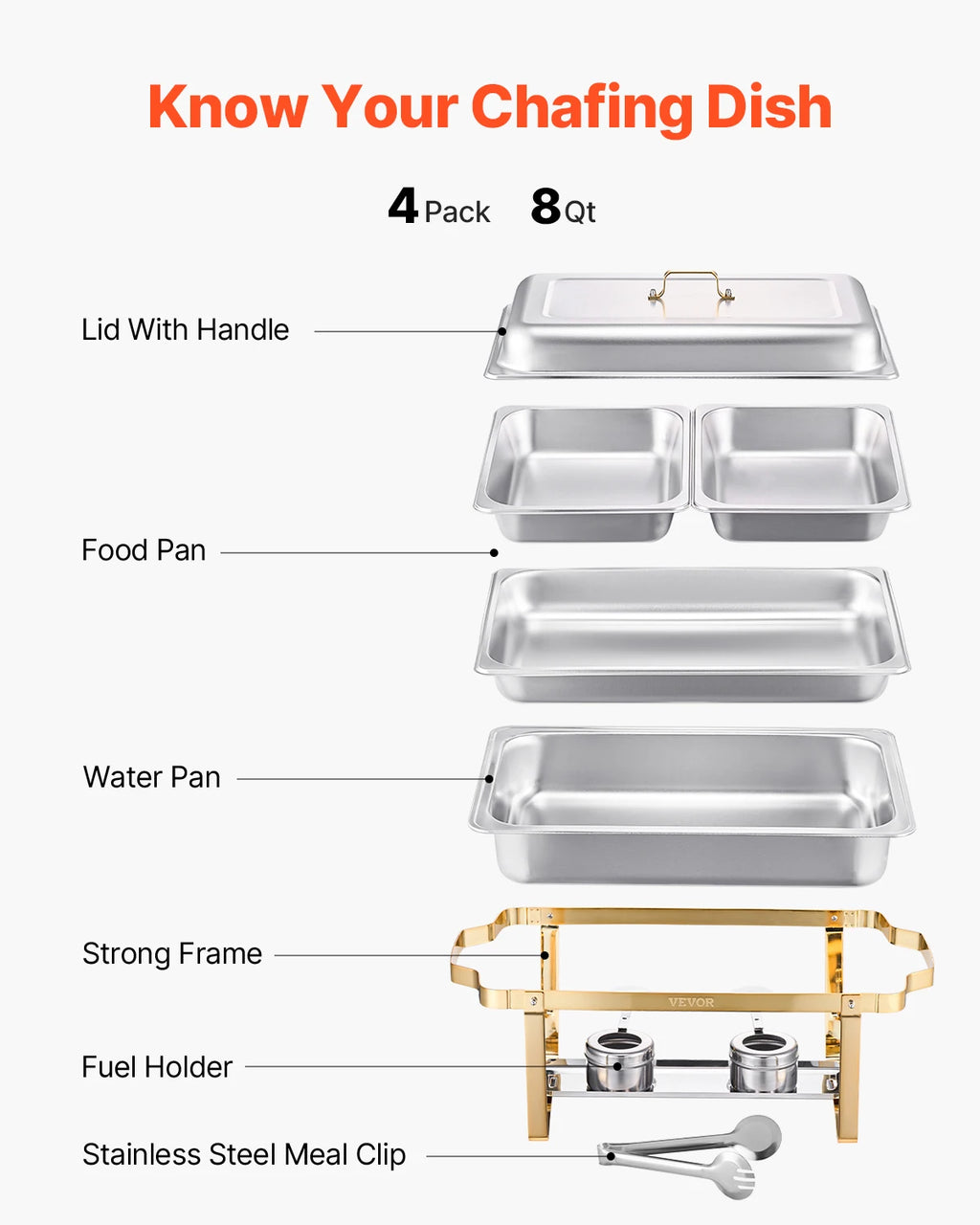 8 Qt 4 Pack Chafing Dish Buffet Set Stainless Steel Chafer with 2 Full Size and 4 Half Size Pans Catering Warmer Server