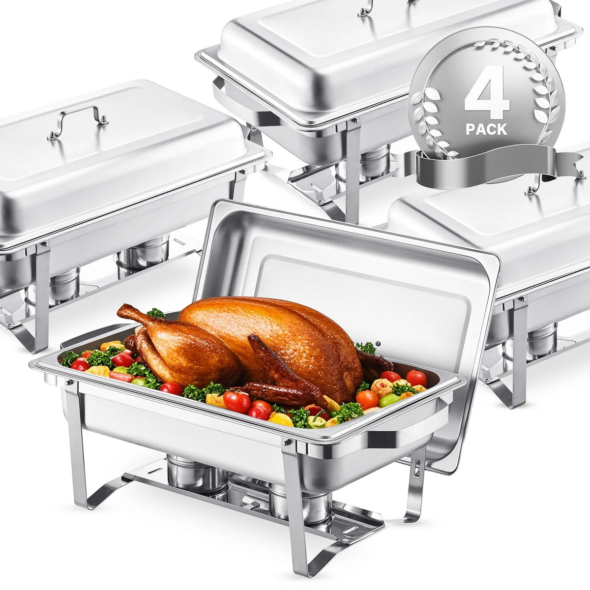 8 Qt 4 Pack Chafing Dish Buffet Set Stainless Steel Chafer with 2 Full Size and 4 Half Size Pans Catering Warmer Server