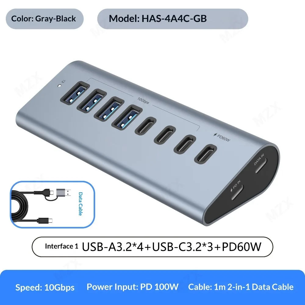 10G/5G USB 3.2 Gen 2 Hub Docking Station Aluminum Alloy 23° Sloping Expansion Dock Tipo C 3 0 PC Computer Laptop Accessories