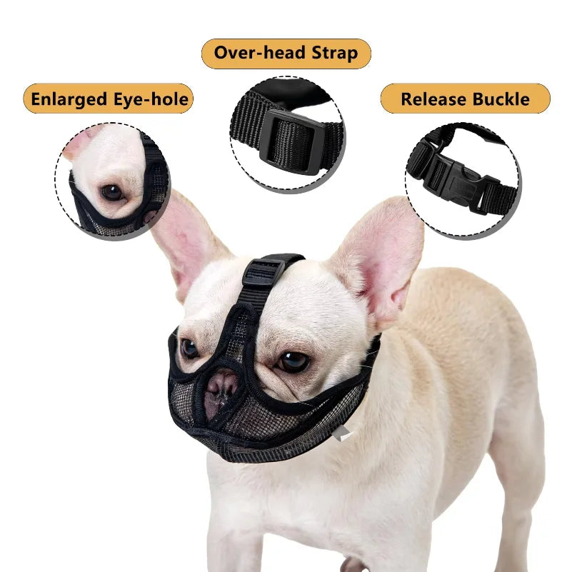 Pet Dog Mask, Bulldog Mask, Short Mouth Dog Anti-Biting Anti-Eating, Anti-Barking Adjustable, Breathable, Universal Pet Supplies