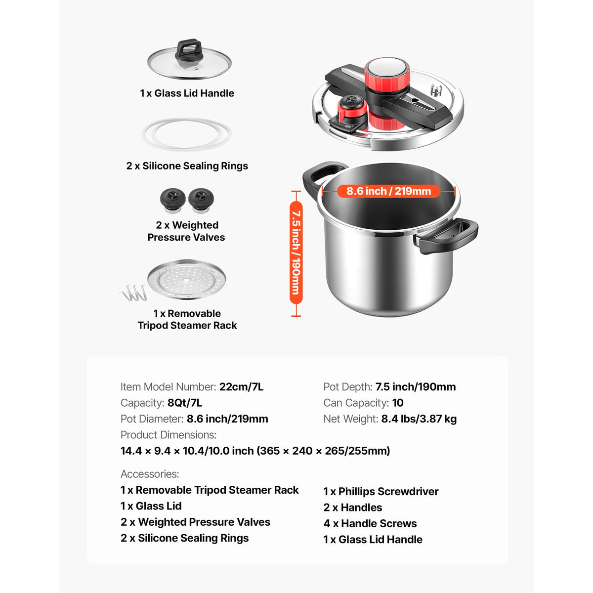 6.3 8 10 12 Qt Pressure Cooker Stainless Steel Pressures Canner with Steaming Rack Tempered Glass Lid for Meat, Beans,
