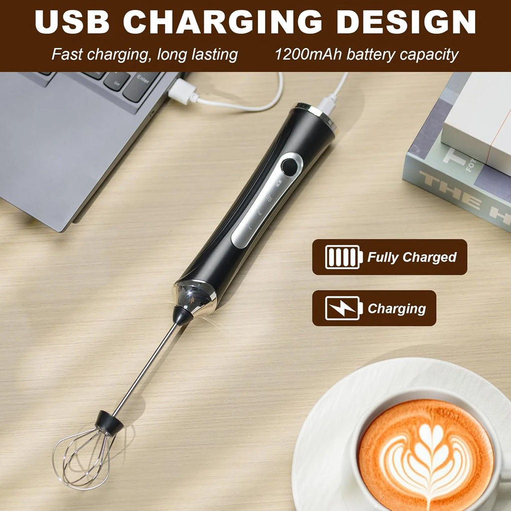 Handheld Milk Coffee Frother Rechargeable Electric Whisk Drink Mixer for Latte Cappuccino Hot Chocolate Egg Kitchen Whisk Gadget