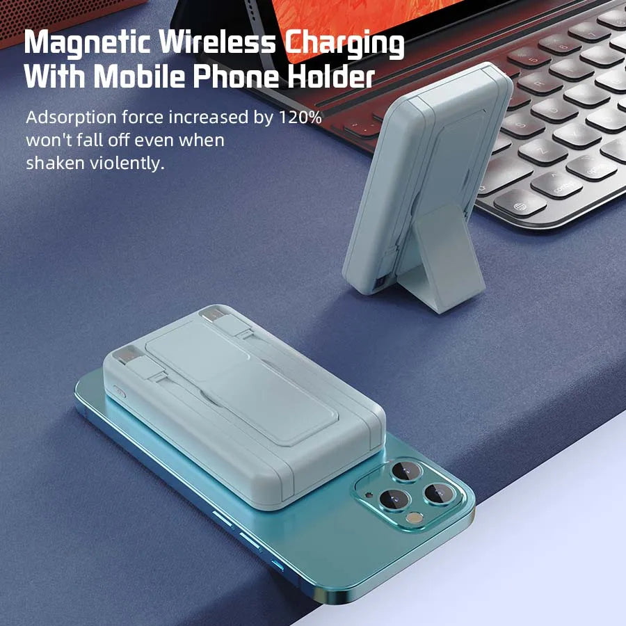 10000Mah Portable Magnetic Wireless Power Bank, 22.5W Fast Charging for All Smartphones, Mobile Power Supply with Back Clip & Foldable Desktop Stand