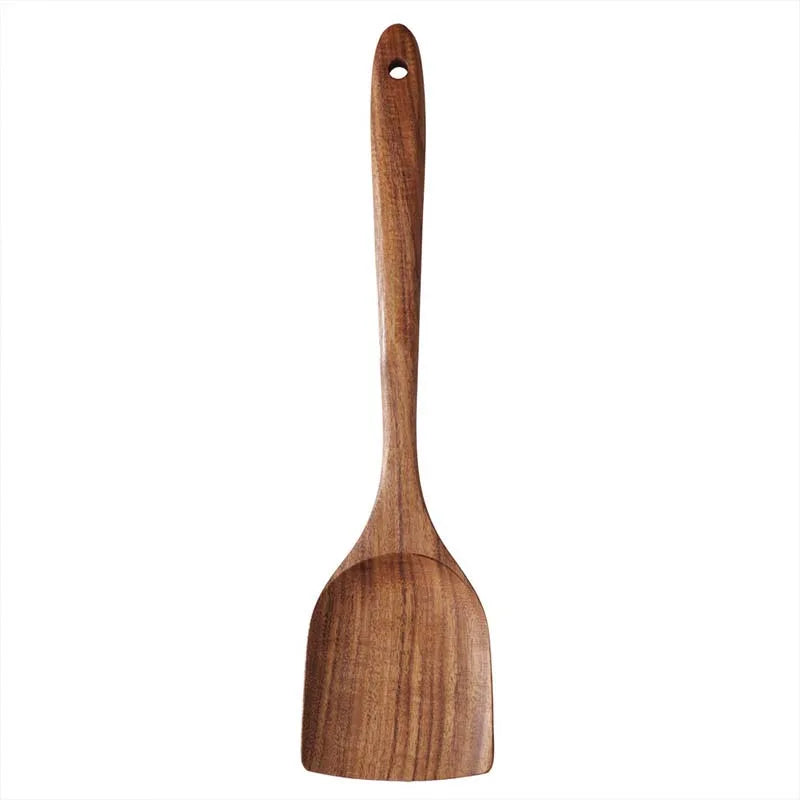 5Pcs Wooden Utensil Set with Hanging Holes, Food Grade Spoons and Spatula 24-33.7Cm, Non-Toxic Smooth Kitchen Tools for Cooking