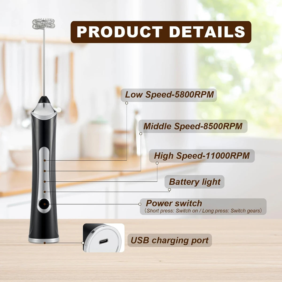 Handheld Milk Coffee Frother Rechargeable Electric Whisk Drink Mixer for Latte Cappuccino Hot Chocolate Egg Kitchen Whisk Gadget