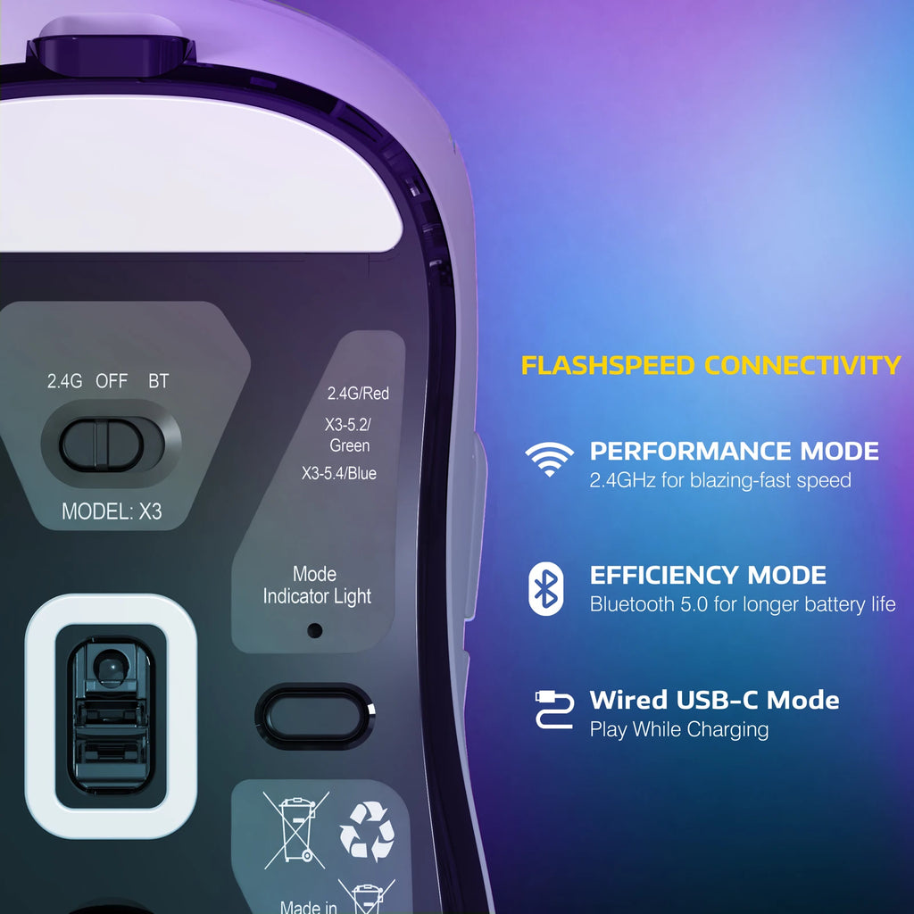 X3 Wireless Gaming Mouse,49G Ergonomic PC Mouse,Triple Modes PAW3395 26K DPI Optical Sensor,Programmable Buttons