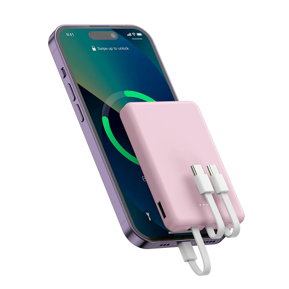Mini 5000Mah Portable Power Bank with Built-In LED Digital Display, 1 USB-A Port and 3 Integrated Charging Cords, Ultra Compact External Battery Pack, Support Multiple Devices Simultaneous Charging Compatible with Android Smartphones Tablets Travel Emerg