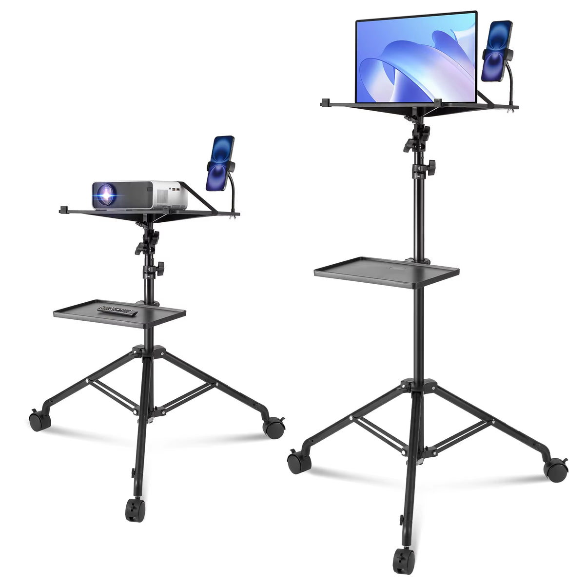 Portable Projector Tripod Stand Adjustable Height W/ Tray & Gooseneck Phone Holder for Outdoor Movies Home Office Stage