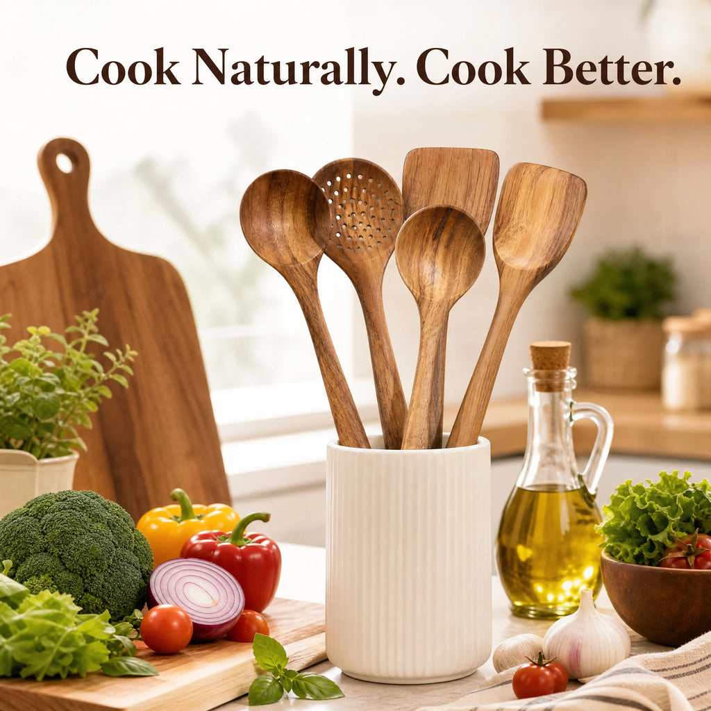 5Pcs Wooden Utensil Set with Hanging Holes, Food Grade Spoons and Spatula 24-33.7Cm, Non-Toxic Smooth Kitchen Tools for Cooking
