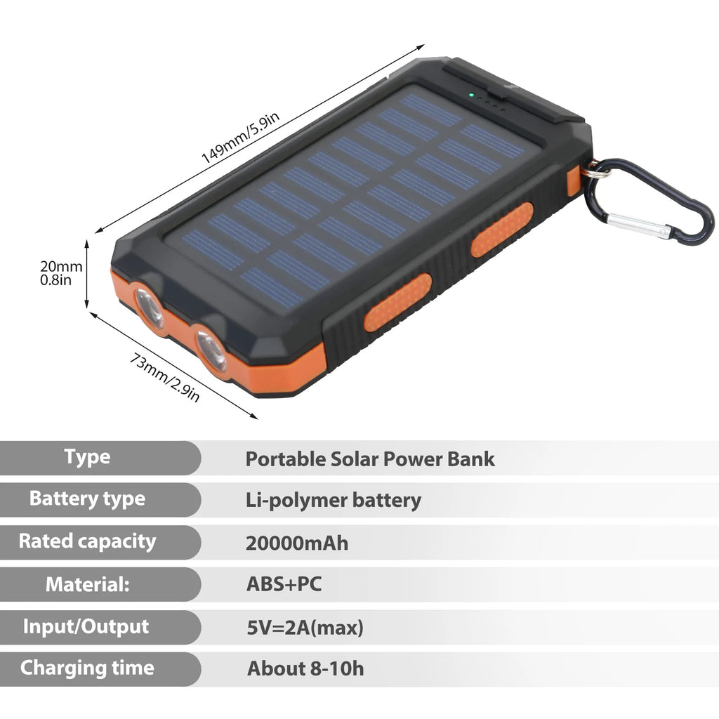 20000Mah Solar Charger Waterproof Portable Solar Power Bank Dual 5V USB Ports 2 LED Flashlight Compass for Outdoor Camping Hik