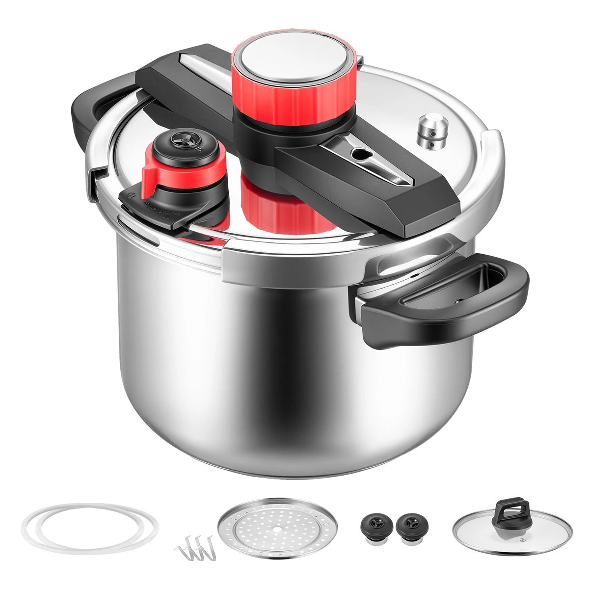 6.3 8 10 12 Qt Pressure Cooker Stainless Steel Pressures Canner with Steaming Rack Tempered Glass Lid for Meat, Beans,