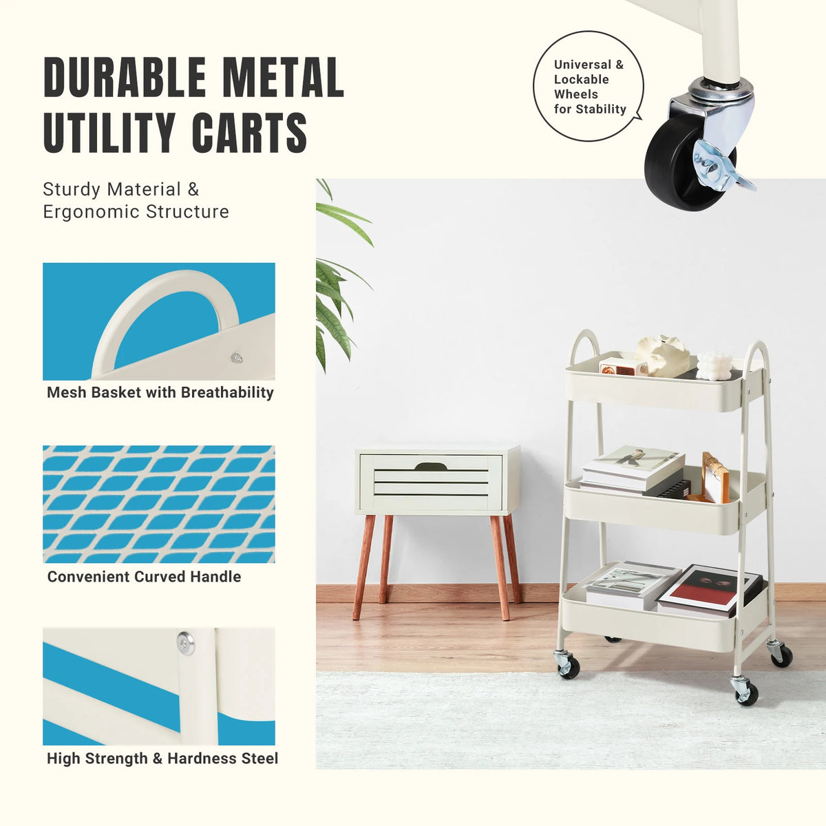 3 Tier Metal Storage Kitchen Cart with Lockable Wheels Mobile Shelving Unit Utility Rolling Organizer for Home Narrow Places