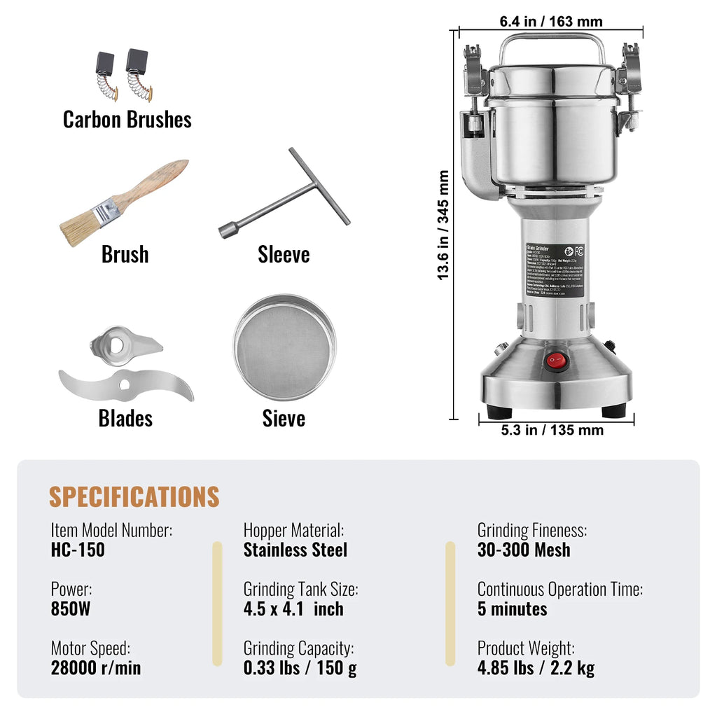 150-2500G Electric Grain Mill Grinder Commercial Swing Spice Grinders for Dry Herbs Grains Spices Cereals Coffee Corn