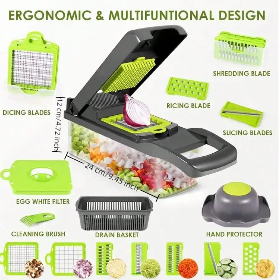 16-In-1 Vegetable Chopper with 8 Blades, Container, Shredder and Strainer, Vegetable Slicing, Dicing, Shredding, Cubing, Multi-Purpose, Great Home Kitchen Gifts