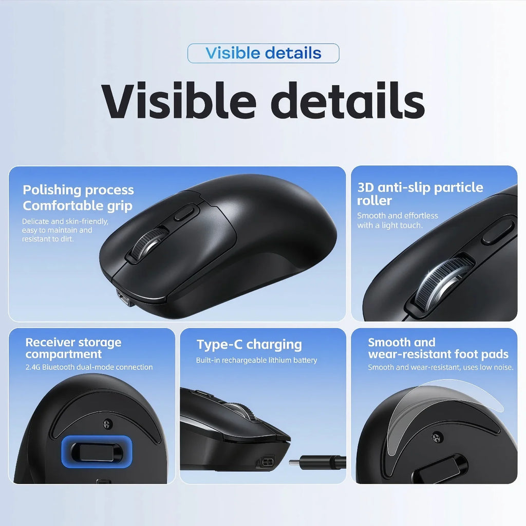 Rechargeable Wireless Mouse Bluetooth 2.4G Dual Mode Ergonomic Computer Mouse Silent Office Mouse Type-C Charging 800/1200/1600 DPI Adjustable Mice for Laptop Desktop Tablet PC Portable Gaming Mouse