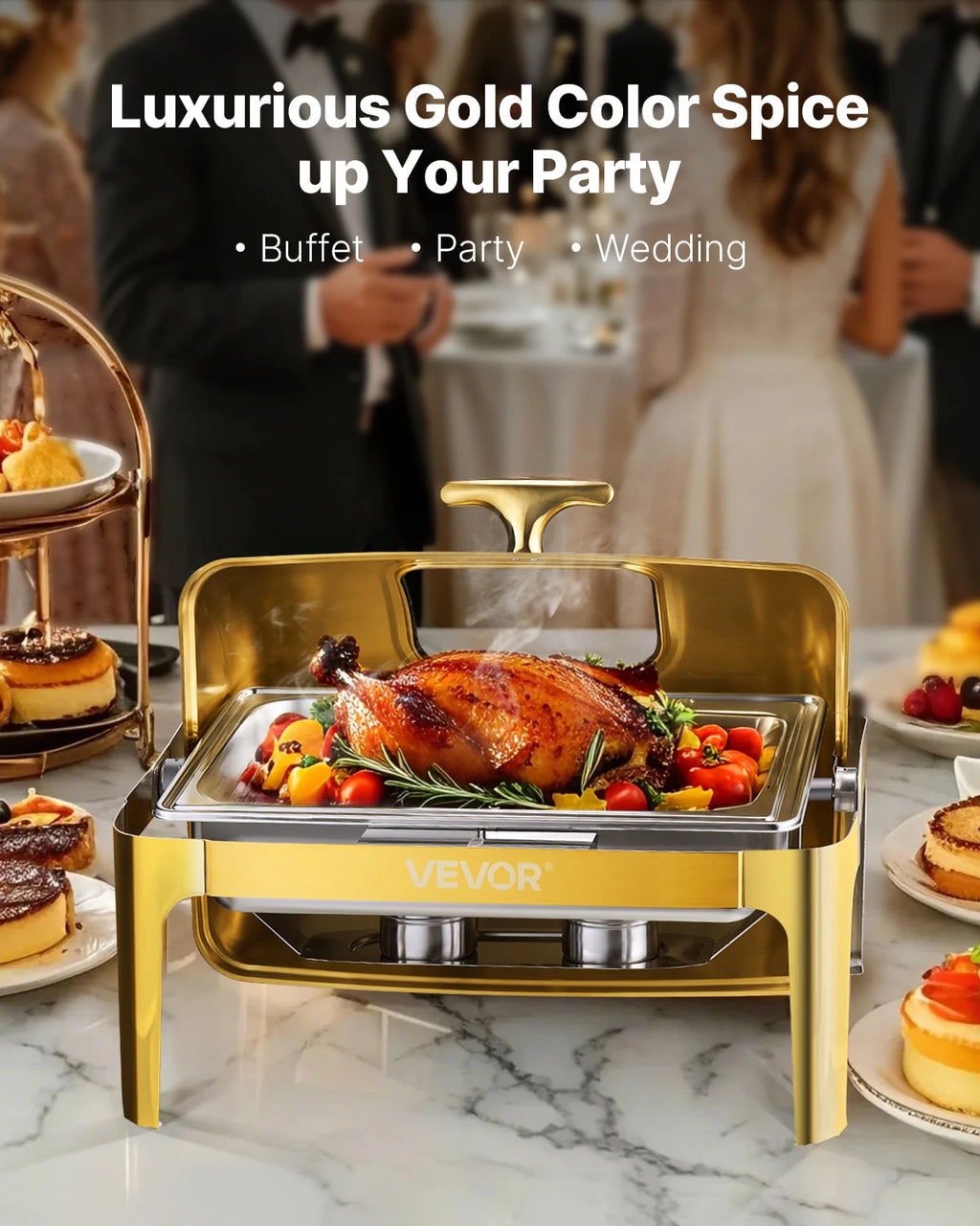 9Qt Roll Top Chafing Dish Buffet Stainless Steel Chafer with Full Size Pan Visible Lid Rectangle Catering Warmer Server