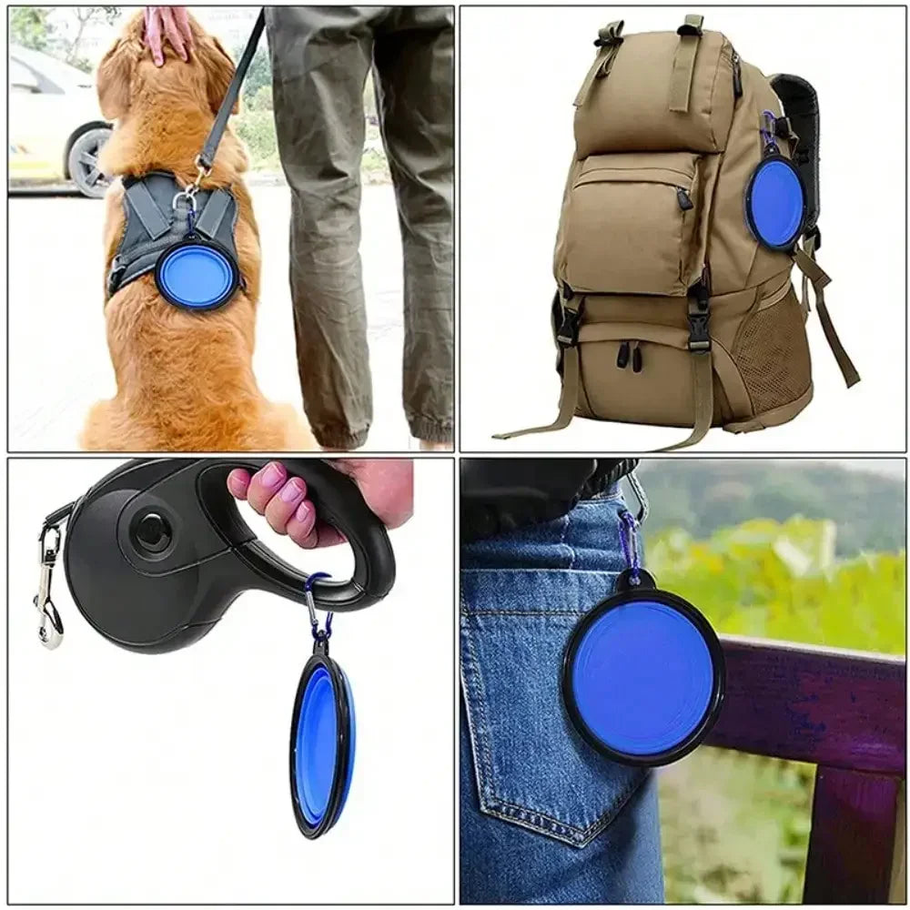 2026 Folding Portable Silicone Dog Feeder Bowl 2 in 1 Pet Dispenser Outdoor Travel Dog Cat with Carabiner Bottle Food Water Container